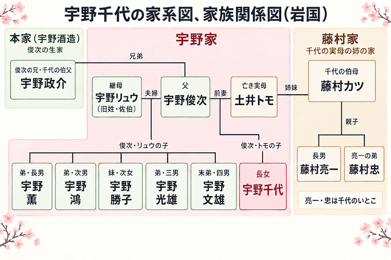 宇野千代家系図、家族親戚関係図